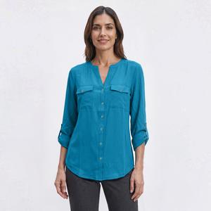 Womens Notations 3/4 Roll Tab Sleeve Solid Equipment Blouse